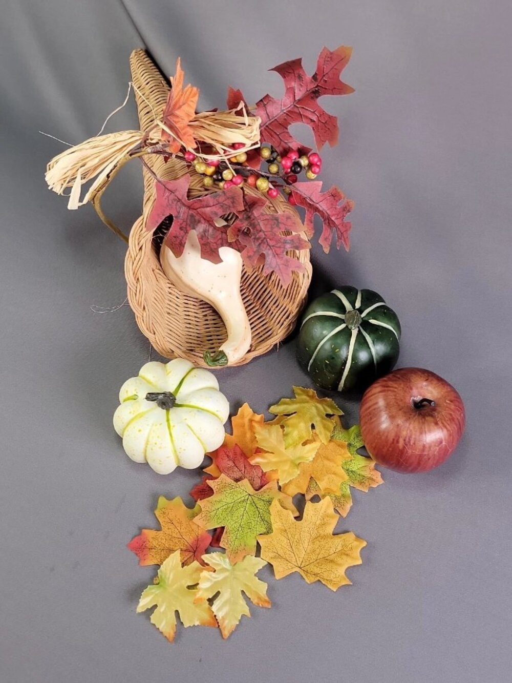Cornucopia Horn of Plenty Basket with Faux Decorations for Thanksgiving or Fall